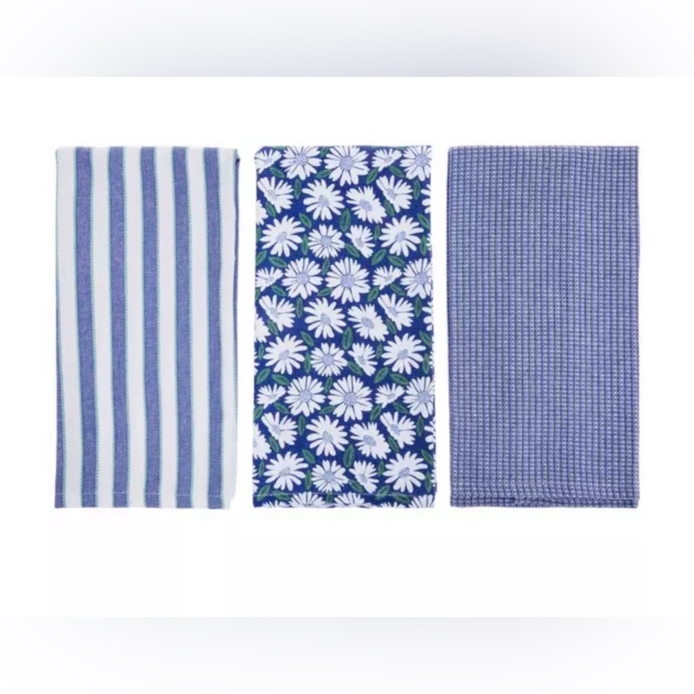 Blue Daisies Floral and Striped Kitchen Towels New